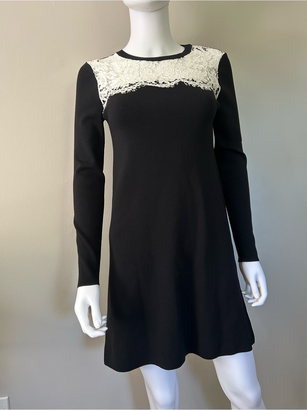 Valentino Black Wool Knit White Lace Patchwork A-Line Mini Dress Size S Italy